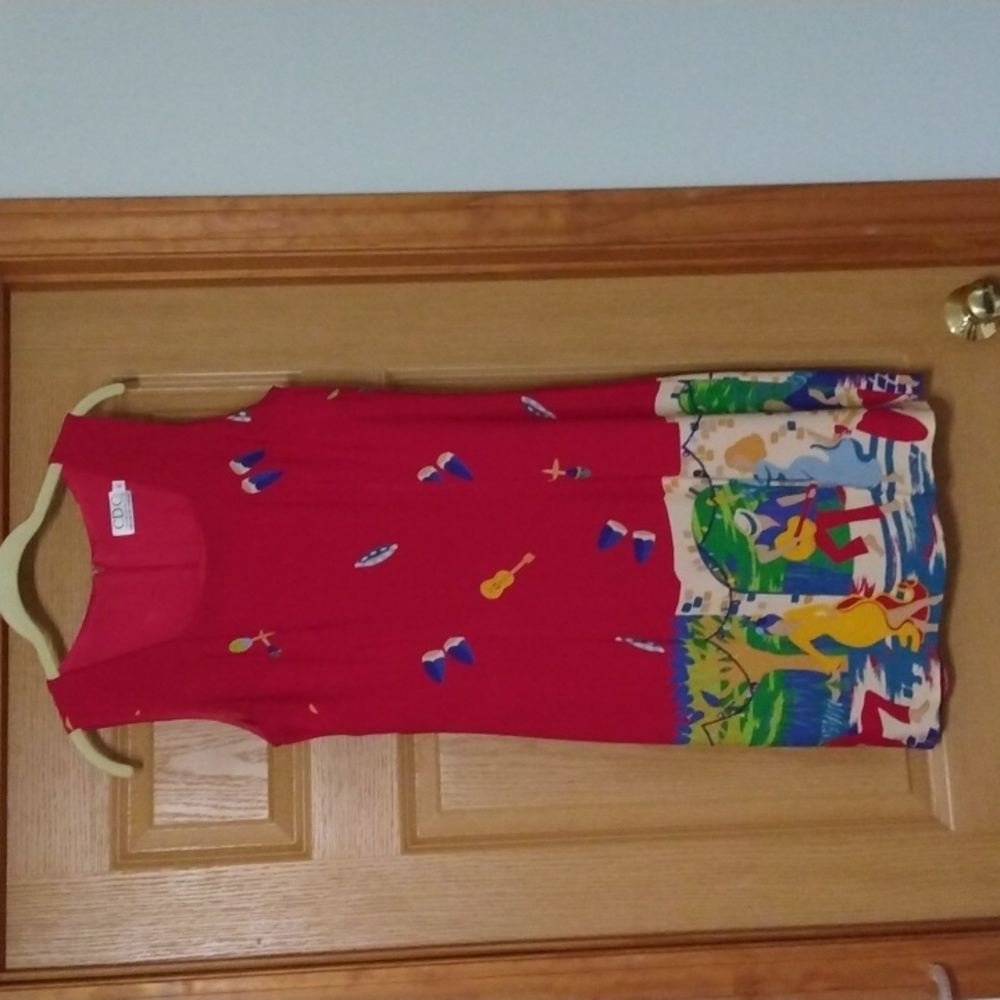 TROPICAL, ISLAND THEME, RED, ZIPPERED, SQUARE NECK SHIFT DRESS